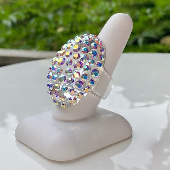 Large Crystal Statement Ring For Women Embellished With Aurora Borealis Crystals - Picture 3 of 10
